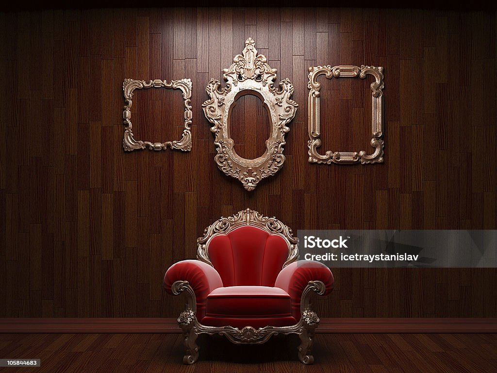 wooden wall, frames and red chair  Antique Stock Photo