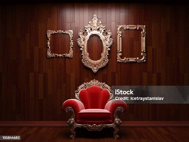 Wooden Wall Frames And Red Chair Stock Photo - Download Image Now - Antique, Architecture, Backgrounds