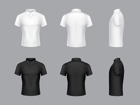 Vector collection of 3d realistic white and black polo t-shirts. Short sleeves, fashion design. Clothes in different views - side, back and front. Man classic clothing isolated on grey background.