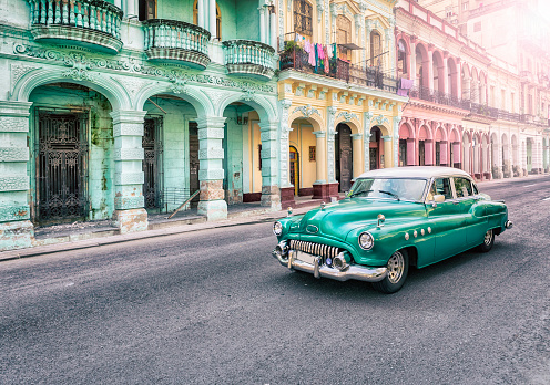 Classic green american oldtimer car in Havana Cuba