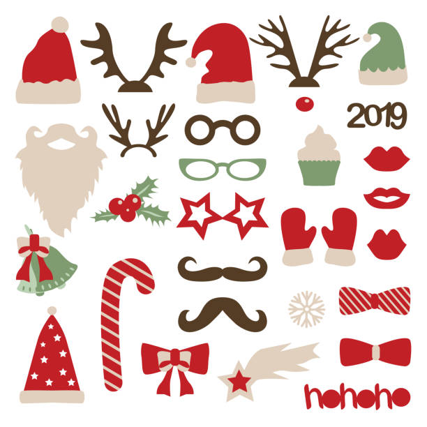 ilustraciones, imágenes clip art, dibujos animados e iconos de stock de set de año nuevo de apoyos de la cabina de la foto - santa claus christmas glasses mustache