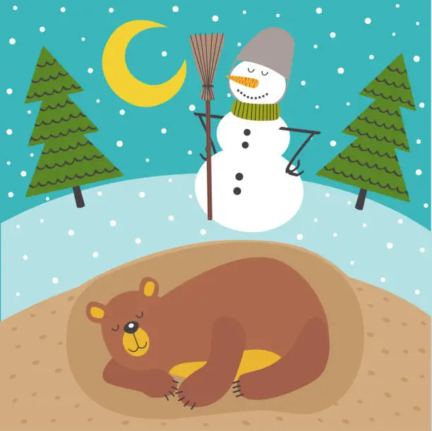 Vector illustration of sleeping bear in lair season outside is winter