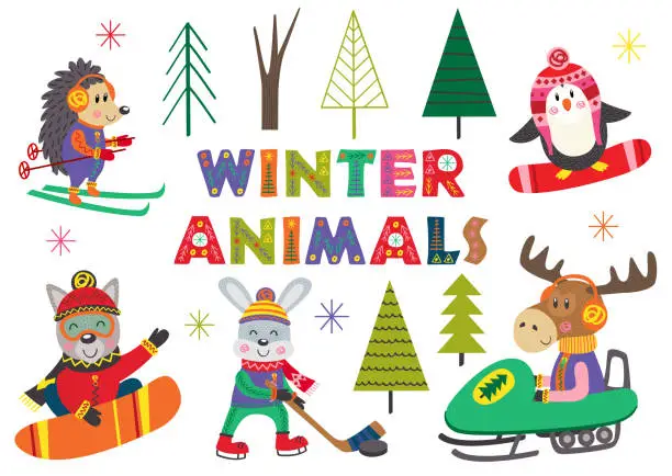 Vector illustration of set of isolated winter fun with animals part 2