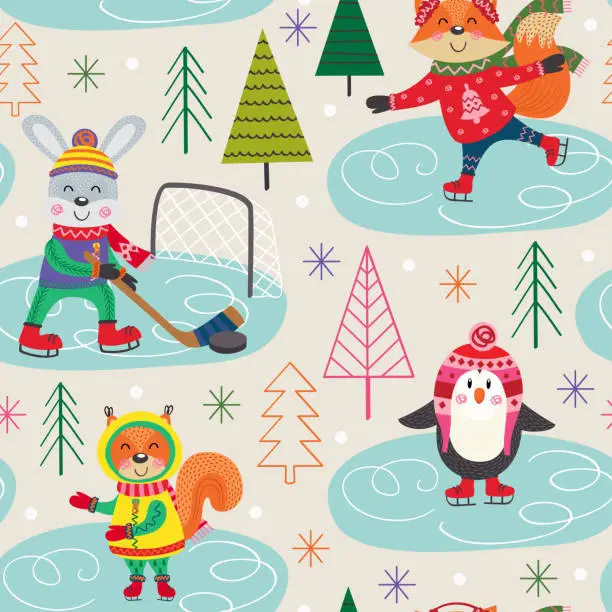 Vector illustration of seamless pattern winter fun with animals on skating