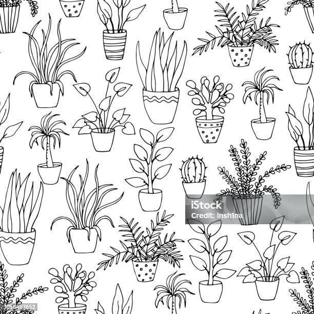 Black And White Seamless Pattern With Hand Drawn Indoor Flowers Stock Illustration - Download Image Now