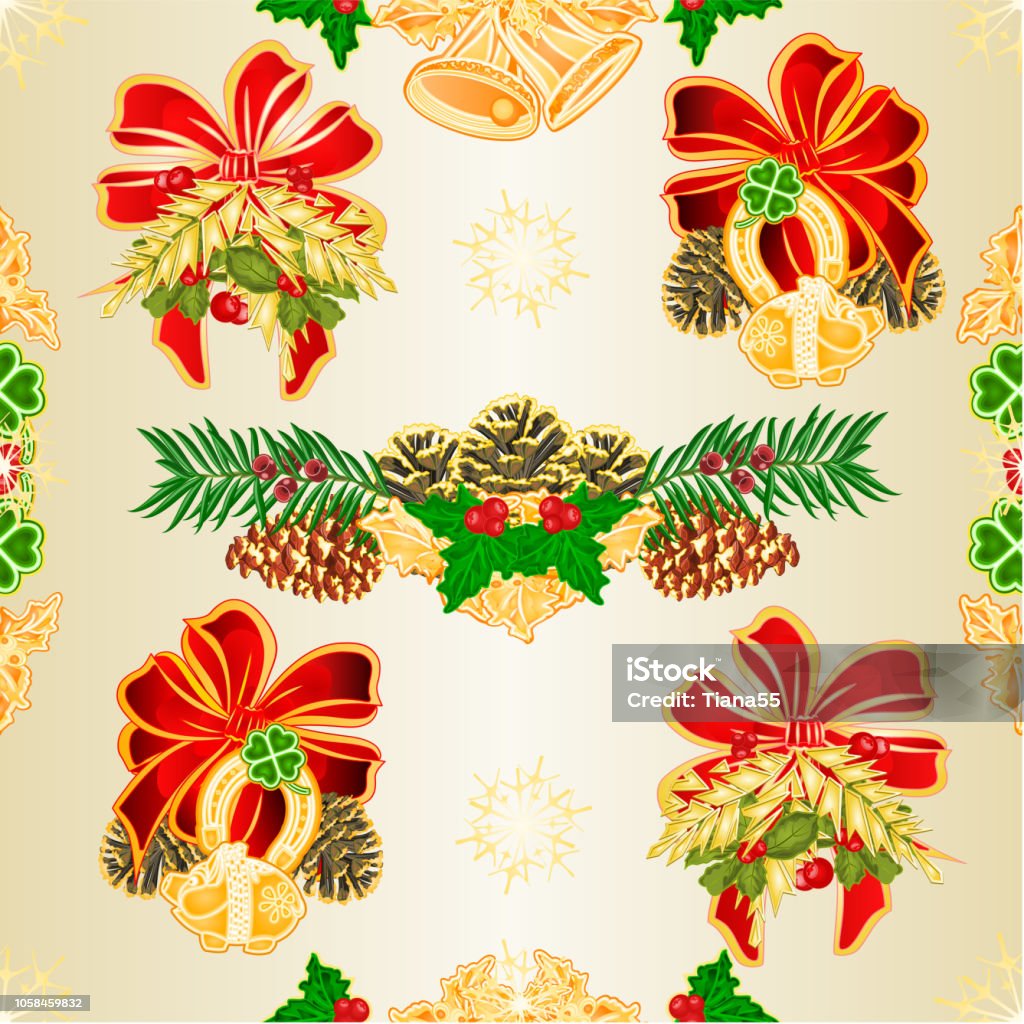 Seamless texture Christmas and New Year decoration with Christmas ornaments bells Cloverleaf horseshoe piggy piggy yew cone vintage  vector illustration editable hand draw Seamless texture Christmas and New Year decoration with Christmas ornaments bells Cloverleaf horseshoe piggy piggy yew cone vintage 
vector illustration editable hand draw Backgrounds stock vector