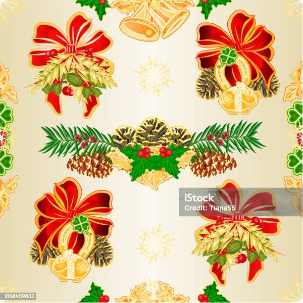 Seamless Texture Christmas And New Year Decoration With Christmas Ornaments Bells Cloverleaf Horseshoe Piggy Piggy Yew Cone Vintage Vector Illustration Editable Hand Draw Stock Illustration - Download Image Now