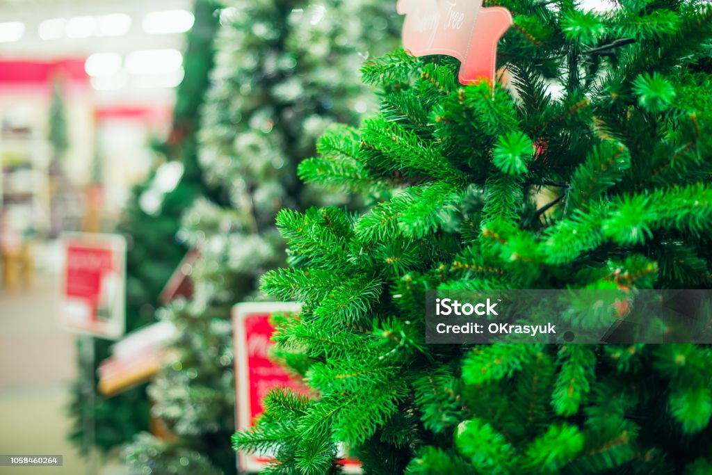 Close up artificial green Christmas trees for sale in the market, shop. Prepearing for Christmas eve, new year party. Selective focus, copy space. Close up artificial green Christmas trees for sale in the market, shop. Prepearing for Christmas eve, new year party. Selective focus, copy space Christmas Tree Stock Photo