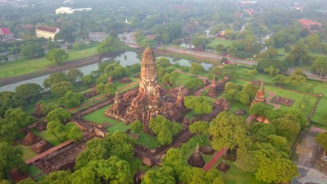 Aerial view of Wat Phra Ram is a Buddhist temple, Part of the Ayutthaya World Heritage Historical Park, Thailand