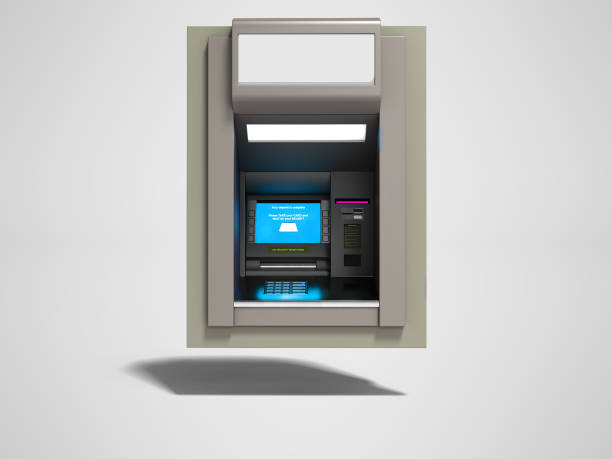 istock Modern ATM included with blue screen 3d render on gray background with shadow 1058461298