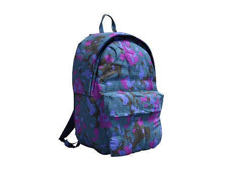 Modern military backpack in school for boy and teenager with blue pink color 3d render on white background no shadow