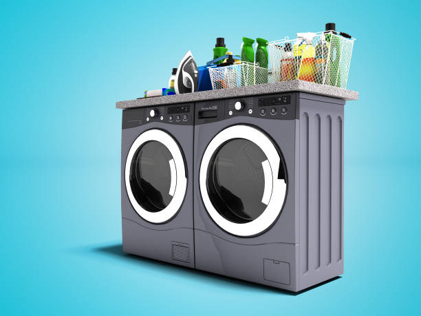istock Modern washer and dryer for things 3d render on blue background with shadow 1058462158