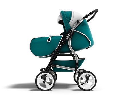 Modern blue baby stroller transformer all-season 3d render on white background with shadow