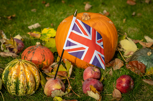 Halloween in the UK with a flag and pumpkin