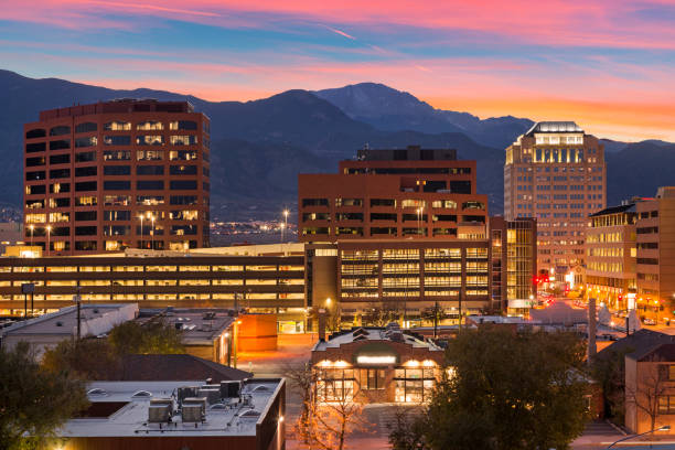 Downtown Colorado Springs Amazing view of downtown Colorado Springs with the famous Pikes Peak in the background front range mountain range stock pictures, royalty-free photos & images