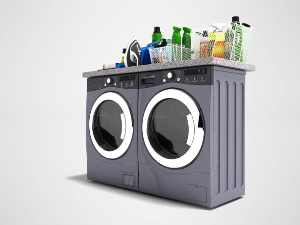 istock Modern washer and dryer for things 3d render on gray background with shadow 1058465142
