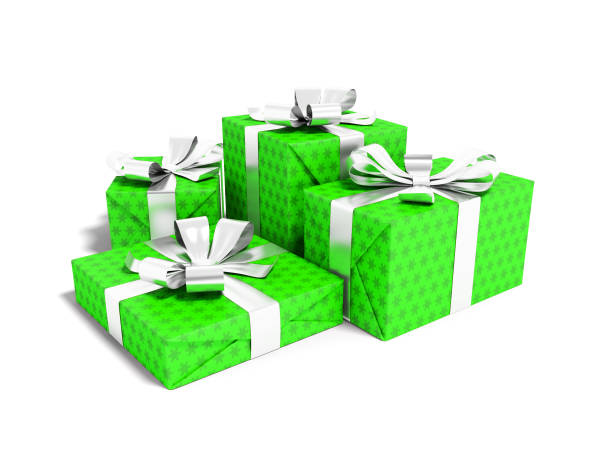 istock Green four gift tied with silver ribbon 3D render on white background with shadow 1058465446