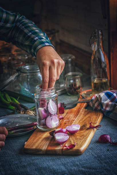 conservar cebollas orgánicas y rojo cebollas en frascos - preserves pickle jar relish fotografías e imágenes de stock