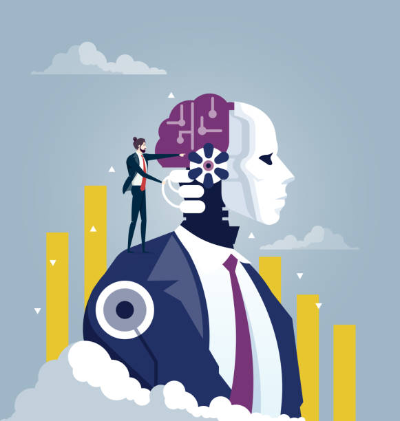 Investor and Artificial Intelligence Concept Businessman stand on a Robot. Business concept vector market intelligence stock illustrations