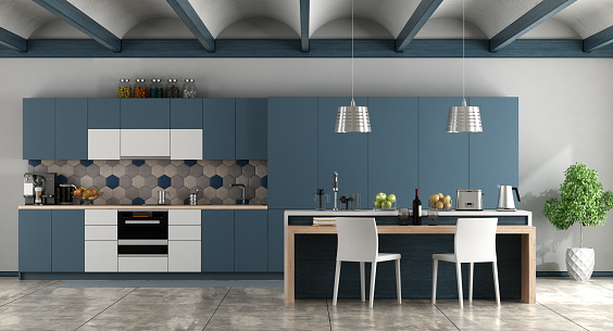 White and blue contemporary kitchen with arched ceiling and cement floor - 3d rendering
Note: the room does not exist in reality, Property model is not necessary