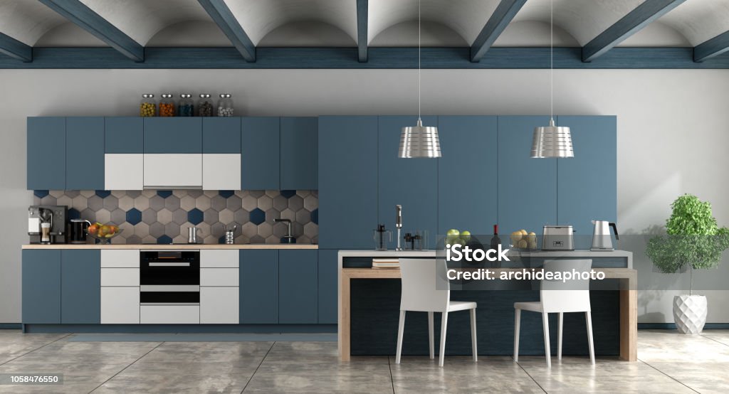 White and blue contemporary kitchen White and blue contemporary kitchen with arched ceiling and cement floor - 3d rendering
Note: the room does not exist in reality, Property model is not necessary Kitchen Stock Photo