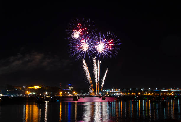 istock Night fireworks on the water surface of the river 1058476718