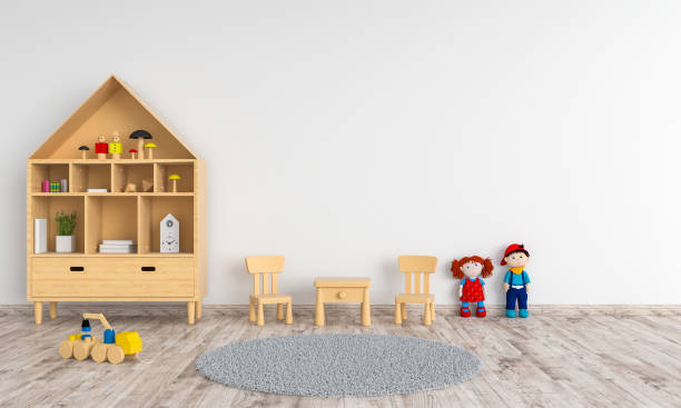 istock Table and chair in white child room for mockup, 3D rendering 1058479808