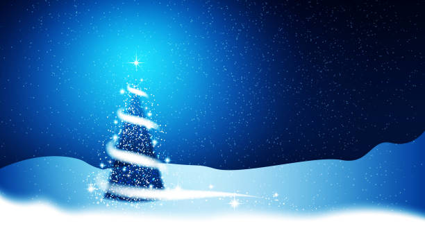 istock Christmas tree, blizzard, stars, snow,  sky, night, blue background for New Year project. Winter background. 1058480366