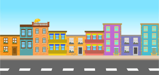 illustrazioni stock, clip art, cartoni animati e icone di tendenza di strada colorato - city street