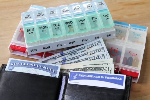 Medicare and Social Security cards with cash and pill containers Medicare and Social Security cards with USA currency cash.  Cards and currency are protruding from an open wallet and daily pill dispensers for drugs and vitamins are next to the wallet. Health care and social welfare concept for seniors in the USA. social security social security card identity us currency stock pictures, royalty-free photos & images