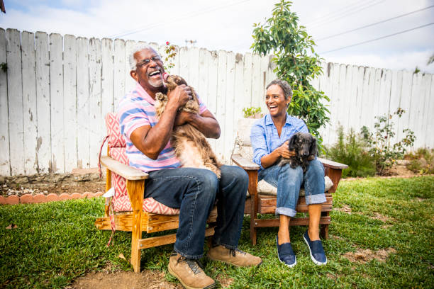 senior black couple with their dogs - garden love imagens e fotografias de stock