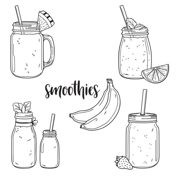 Smoothie collection Set of hand drawn smoothies in jars and bottles with fruit and greenery ingredients smoothie stock illustrations