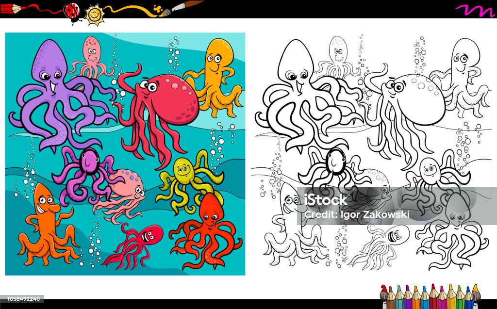 octopus animal characters coloring book Cartoon Illustration of Octopus Sea Life Animal Characters Group Coloring Book Worksheet Activity stock vector