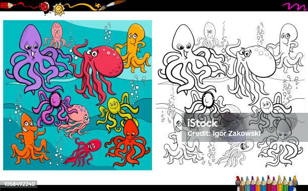 Octopus Animal Characters Coloring Book Stock Illustration - Download Image Now - Activity, Animal, Arranging