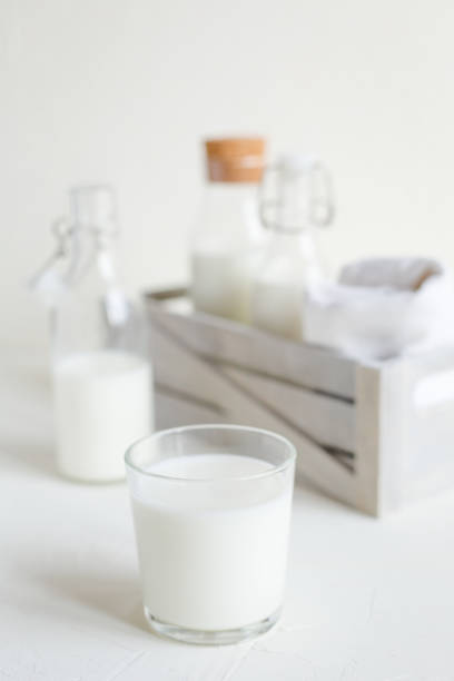 istock Milk in bottles on white background, kitchen 1058497584