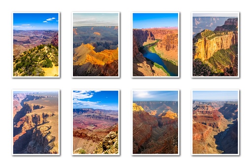 Grand Canyon collage of several famous locations landmarks at sunset and aerial view of Grand Canyon National Park, Arizona, United States isolated on white background.