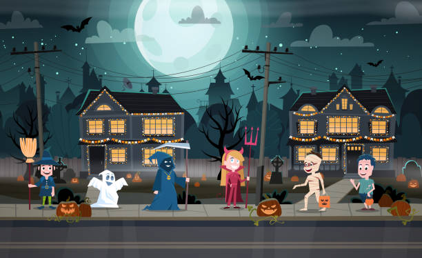 dzieci w kostiumach potworów - ghosts & ghouls illustrations stock illustrations