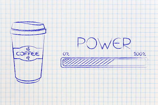caffeine and energy conceptual illustration: Travel mug next to Power progress bar loading
