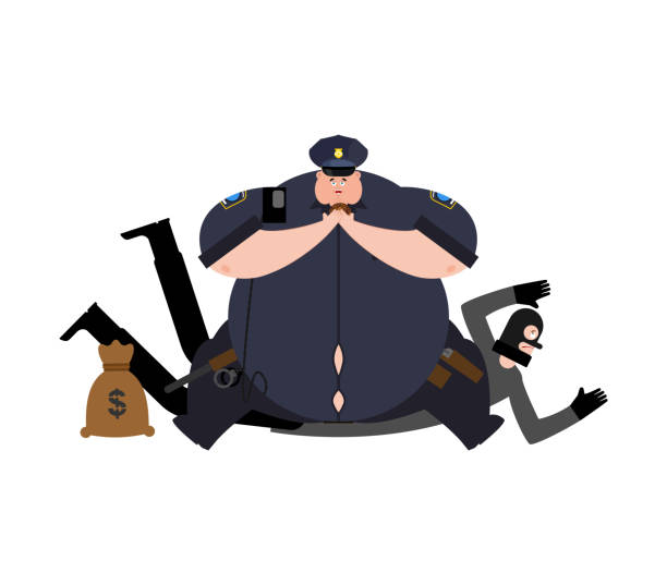 fett cop und räuber festhalten. dicke polizist und einbrecher verhaftet. fettleibige officer polizei und straßenräuber und geld beutel. vektor-illustration - humor badge blue crime stock-grafiken, -clipart, -cartoons und -symbole