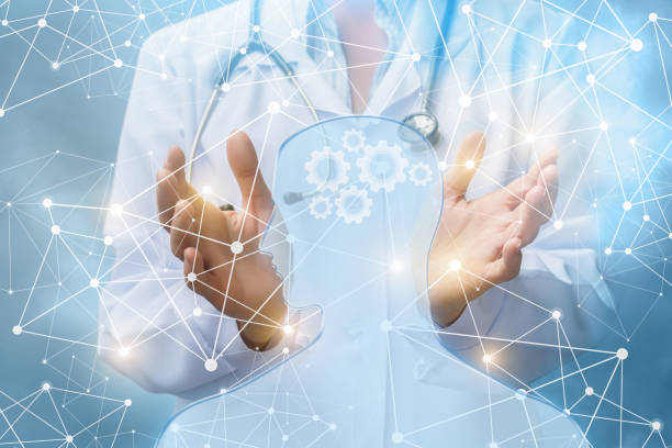 istock A doctor is facing a glassy human with the mechanical cogwheels inside his head. 1058510354