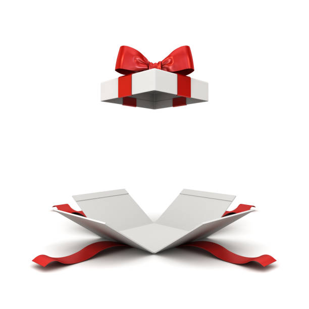 istock Open gift box or present box with red ribbon bow isolated on white background with shadow 3D rendering 1058513994