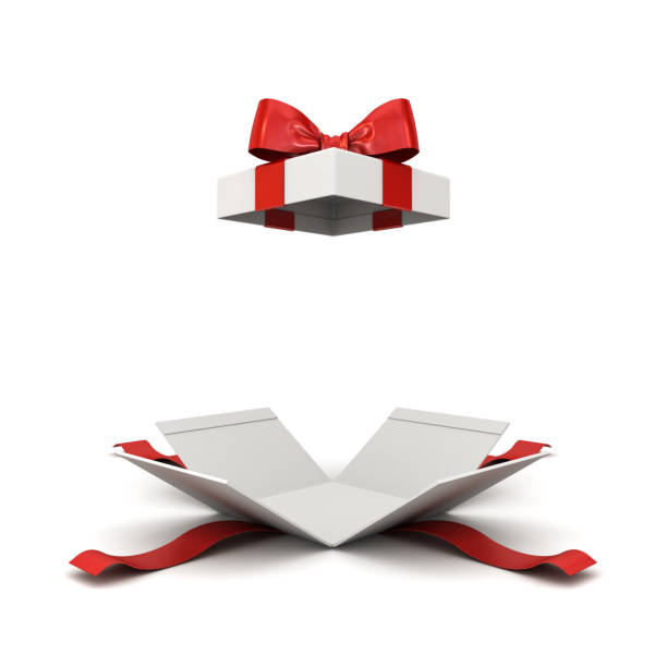 Open gift box or present box with red ribbon bow isolated on white background with shadow 3D rendering Open gift box or present box with red ribbon bow isolated on white background with shadow 3D rendering unfolded stock pictures, royalty-free photos & images