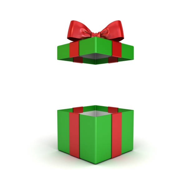 오픈 크리스마스 선물 상자 또는 녹색 선물 상자 레드 리본 활 그림자 3d 렌더링에 고립 된 흰색 배경 - red and green bow 뉴스 사진 이미지