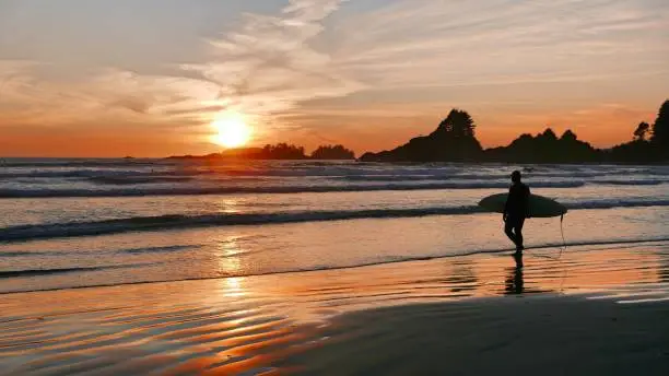 Picture of a surfer entering the water at sunset. Shot on Mackenzie beach, Tofino