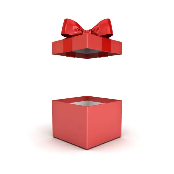 Red gift box or present box with red ribbon bow isolated on white background with shadow and 3D rendering