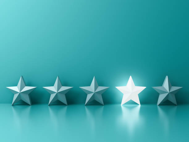 istock Stand out from the crowd and different creative idea concepts One glowing light star standing among other dim stars on green pastel color background with reflections and shadows 3D rendering 1058514242