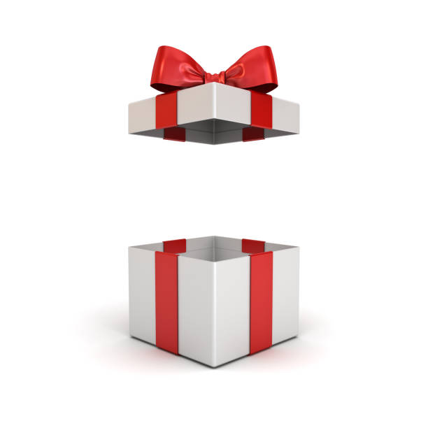 open gift box or present box with red ribbon bow isolated on white background with shadow 3d rendering - unwrapped imagens e fotografias de stock