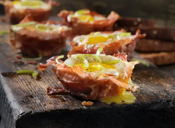 Prosciutto and Cheese Eggcups with Cracked Pepper and Green Onions