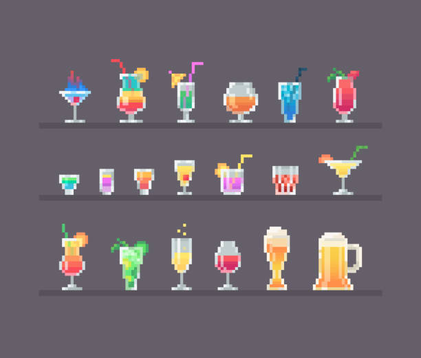 ilustrações de stock, clip art, desenhos animados e ícones de pixel art style alcohol drinks and cocktails set - margarita cocktail drink umbrella drink