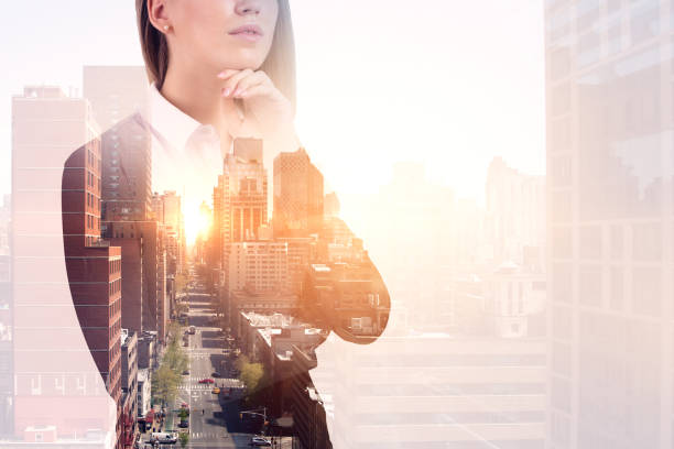 istock Pensive businessman in morning city, copy space 1058526318